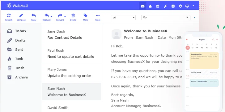 Ventana del webmail de Enterprise Email con la bandeja de entrada